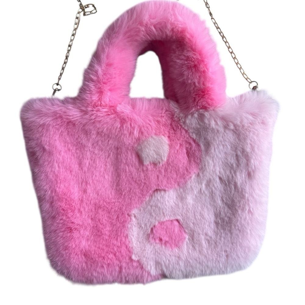 Y2K Pink Faux Fur Yin Yang Tote Bag Chain Strap Plush Purse